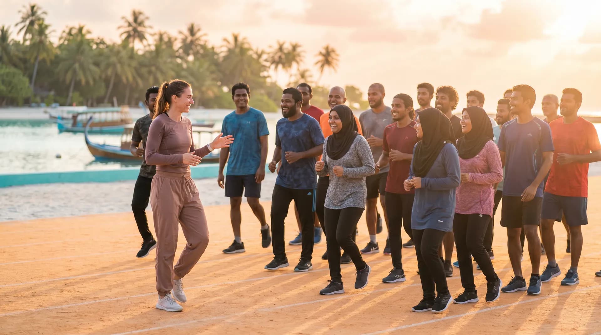 FitTribe members training together on an island running track at golden hour